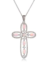 Sterling Silver Oval and Square Created Opal and Round Created White Sapphire White Diamond Cross Pendant Necklace, 18"
