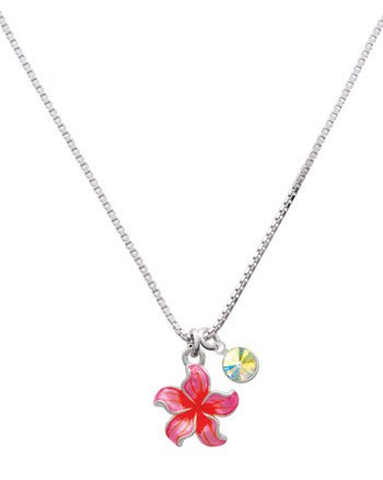 Hot Pink and Orange Plumeria Flower Charm Necklace with AB Swarovski Crystal ...