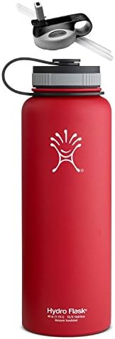 Hydro Flask Insulated Stainless Steel Wide Mouth 40 oz Water Bottle with Flat & Straw Lid (Lychee Red w/Straw Lid, 40 Oz)