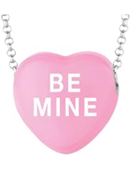 Sterling Silver 17mm Dk Pink enamel Sweethearts BE MINE Heart Pendant