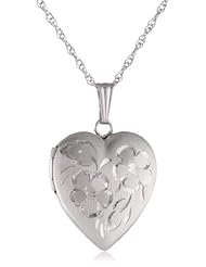 14k White Gold Engraved Heart Locket Necklace, 18"