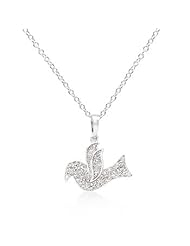 Alexander James White Gold Rhodium Bonded Dove Pendant with Clear Cubic Zirconia in a Pave Setting and 18 inch Chain in Silvertone