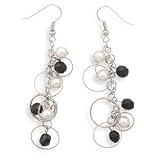 White Glass Pearl, Black Bead Silvertone Circle Fashion Earrings