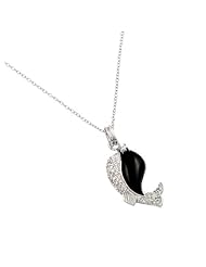 Rhodium Plated 925 Sterling Silver Pave Set Cubic Zirconia CZ and Onyx Sea Life Whale Charm Pendant Necklace with 18" inch Link Chain
