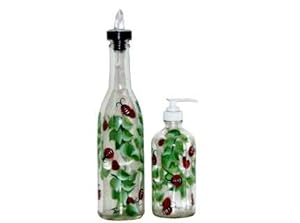 ArtisanStreet's Lady Bug Design Pour Bottle & Soap Pump Dispenser Set. Hand Painted & Signed