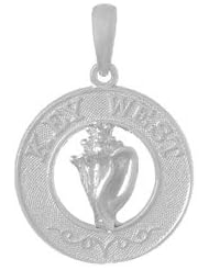 925 Solid Sterling Silver Travel Necklace Charm Pendant, Key West On Round Frame Conch