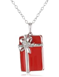 Sterling Silver Diamond Gift Box with Red Enamel Pendant Necklace (0.06 cttw, I-J Color, I2 Clarity), 18"