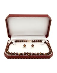 9-10mm, Chocolate Freshwater Pearl Necklace and Stud Earring Set in 14K Yellow Gold