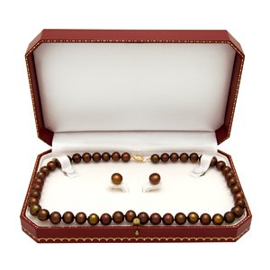 Click To 9-10mm, Chocolate Freshwater Pearl Necklace and Stud Earring Set in 14K Yellow Gold Details... 9-10mm, Chocolate Freshwater Pearl Necklace and Stud Earring Set in 14K Yellow Gold
