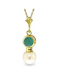 14k Solid Gold 18" Emerald Necklace with Pearl Pendant