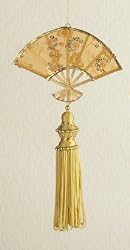 Asian Fusion Gold Oriental Hand Fan with Tassels Christmas Ornament 9"