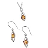 Sterling Silver and Certified Genuine Honey Amber Millennium Collection Marquise Necklace + Earrings Set