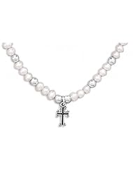 MMA Silver - 13 inch +2 inch Extension White Cultured Freshwater Pearl and Silver Bead Necklace with Cross Drop