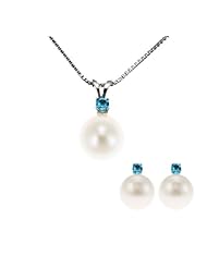 Sterling Silver White Button Freshwater Cultured Pearl and Blue Topaz 3 Piece Pendant Necklace Set (8-9mm Pearl, 2.5mm Gemstone), 18"