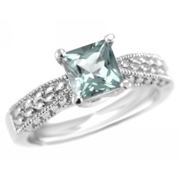 Princess-Cut AAA Aquamarine Engagement Ring 14k White Gold Antique Style