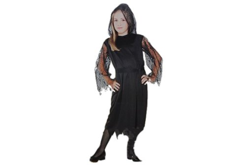 2 tlg. Kostüm Hexe Gr. 140 152 / 8 bis 10 Jahre – Kleid mit Kapuze und Schärpe Vampir Spinne Zauberin Karneval Kinder Kinderkostüm Fasching Faschingskostüm Zauberfee schwarz dunkel Kleid Mädchen Gothik