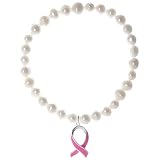 White Freshwater Pearl Bracelet with Sterling Silver Breast Cancer Awareness Pink Ribbon Charm
