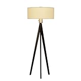 IMAGE OF Nova Lighting 10858 Tripod Floor Lamp, Dark Wiped Wood & Brushed Nickel with White Linen Shade