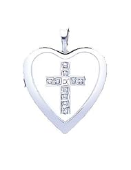Sterling Silver Genuine Diamond Platinum Plated Cross Heart Locket, 18" Chain