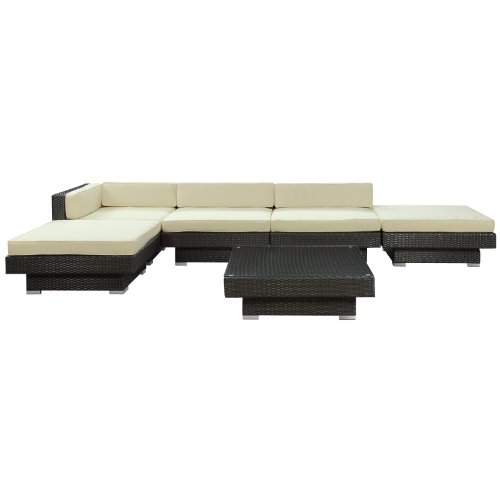 Lexington Modern Laguna 6-Piece Outdoor Rattan, Espresso with White Cushions