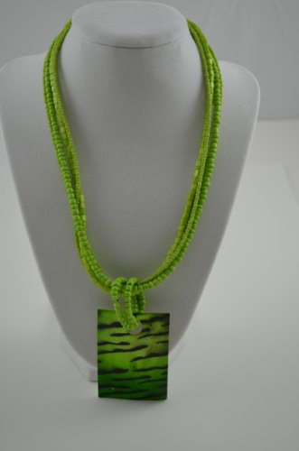 Necklace SQ Shell Pendant with Beads Zebra Design Green/BLK3exten