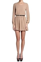 Flared-Skirt Chiffon/Faux-Leather/Polyester Belted Sheer Pleated Fitted Keyhole Long Sleeves  Dress