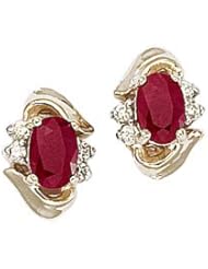 14K Yellow Gold Oval Ruby and Diamond Earrings