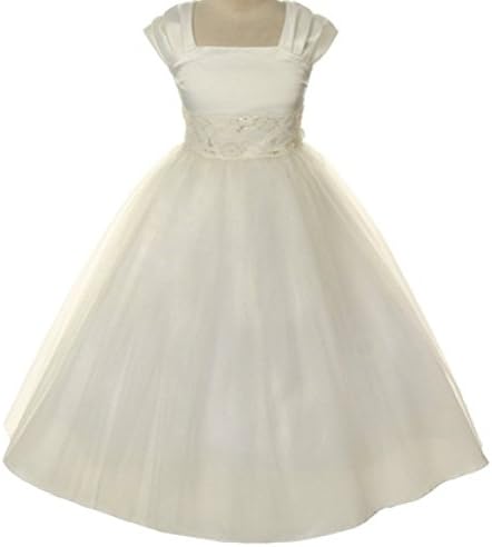 Cap Sleeve Satin Tulle First Communion Flowers Girls Dresses White Size 6