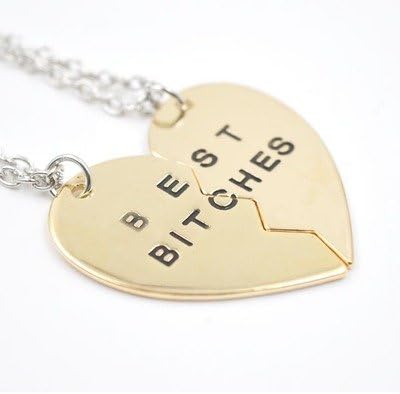 Best Friends BFF Forever Best Bitches Valentine Heart Split into Parts Break Love Heart Pendant Necklace (2 Parts Golden)