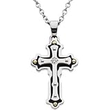 Stainless Steel Fleur de lis Diamond Cross Pendant on 18 Inch Cable Chain Necklace by Black & Blue Jewelry Co NYC
