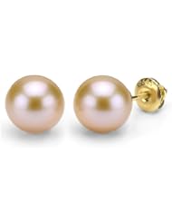 14k Yellow Gold 9-10mm Perfect Round Pink Cultured Freshwater Pearl High Luster Earring with Screw Back.