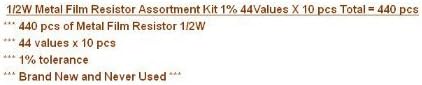 1/2W Metal Film Resistor Assorted Kit 1% 44Values 440pcs 0.5W through hole DIP