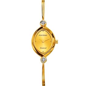Fontenay - UG235DFR - Montre Femme Ovale - Quartz Analogique - 2 Diamants 0.038 - Fond Dor� - Bracelet Fil Rigide M�tal Dor�