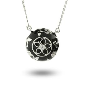 Sterling Silver Black Enamel Necklace with Vintage CZ Flower Design