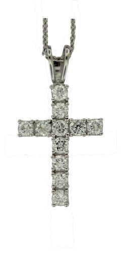 Platinum Plated Sterling Silver Cubic Zirconia Prong-Set Round Cross Pendant