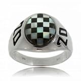New Silver Stewart Nascar Ring w Onyx & Mother of Pearl