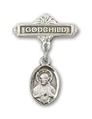 Sterling Silver Baby Badge with Scapular Charm and Godchild Badge Pin