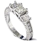 14k White Gold 1.75CT Three Stone Princes Cut Diamond Vintage Hand Engraved Engagement Ring