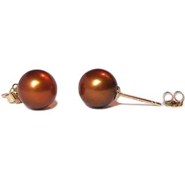HinsonGayle AAA Round 8.0-8.5mm Chocolate Cultured Pearl Stud Earrings (14K Yellow Gold)