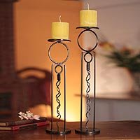 NOVICA Steel candleholders Human Nature (pair)