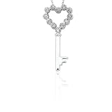 14k White Gold Heart and Key Pendant (.08 cttw, J-K Color, I2-I3 Clarity)