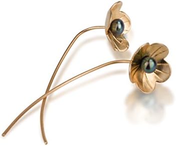 Alit 925 Sterling Silver 24K Gold Washed small Flower long stem with freshwater Black Pearl Earrings