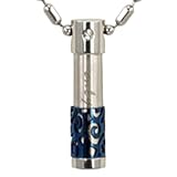 Stainless Steel Cubic Zirconia "Only Love" Small Cylinder with Blue Lattice Pendant Necklace
