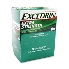 Acme United Corporation Products - Excedrin, Extra Strength, 50 Packets of 2 Tablets - Sold as 1 BX - Extra Strength Excedrin offers temporary relief of minor aches and pains associated with headache, sinusitis, colds, muscular aches, premenstrual cramps, toothache and minor pain from arthritis. Excedrin Extra Strength is a combination pain reliever that contains acetaminophen, aspirin, and caffeine. Each individual dose packet contains two tablets. Packets come in convenient dispenser boxes for