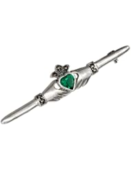 Sterling Silver Irish Claddagh Pin with Green Cubic Zirconia Heart
