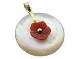 Mother of Pearl with Red Jade Moon Flower Pendant, 14k Gold