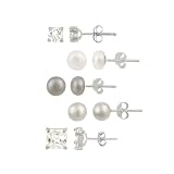 Sterling Silver Ball Stud, Round and Square Cubic Zirconia Studs, White and Peacock Freshwater Pear Studs, Set of 5 Earrings