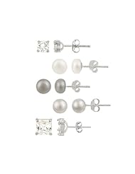 Sterling Silver Ball Stud, Round and Square Cubic Zirconia Studs, White and Peacock Freshwater Cultured Pearl Studs, Set of 5 Earrings