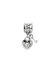Sterling Silver Heart And Key Dangle Charm for 3mm Charm Bracelets