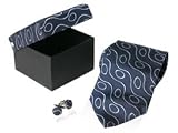 Artistic Two-Tone Blue Waves Matching Silk Tie and Cufflinks in Gift Box